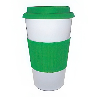 Stalowy kubek termiczny z silikonową opaską i przykrywką - stożkowy